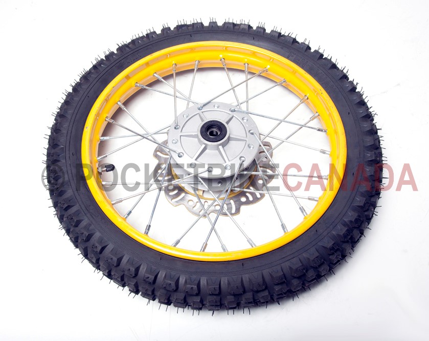 2.50-14 FengYuan Tire & Yellow Wheel with Chrome Spokes for DirtBike - 306 FRONT YELLOW-1